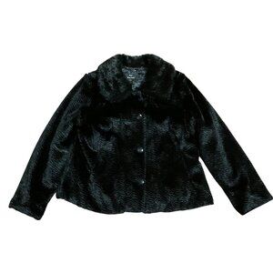 Dennis Basso Black Faux Fur Jacket M Cropped Collared Button Front Pockets